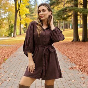 🆕 Elegant Puff Sleeve Fall Style Button-Up Dress Jade By Jane Linen Blend NWOT